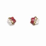 Pendientes Jolie de botón en porcelana artesanal con forma de flor en blanco nacarado, esmalte granate y detalles en oro