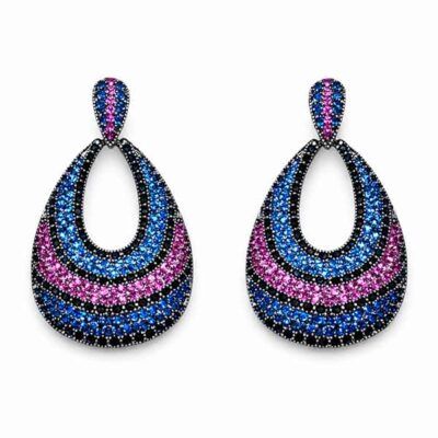 Pendientes Maia con zirconitas en forma de lágrima en negro, fucsia y azul klein