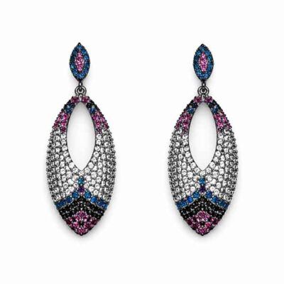 Pendientes Noa con circonitas en forma de lágrima en fucsia, blanco y azul