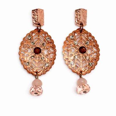 Pendientes artesanales en cobre lila con filigrana cobriza y cristal Swarovski