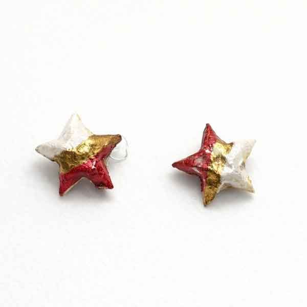 Pendientes de estrella artesanales de porcelana blanco, rojo y dorado Pendientes de estrella de porcelana artesanales Abby en blanco, granate y oro