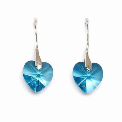 Pendientes Nicole corazón azul de cristal con gancho largo en plata de ley 925
