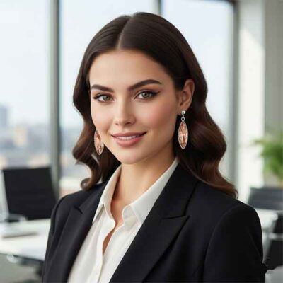 Modelo elegante luciendo pendientes largos Anouk de cristal ovalado ámbar con marco plateado