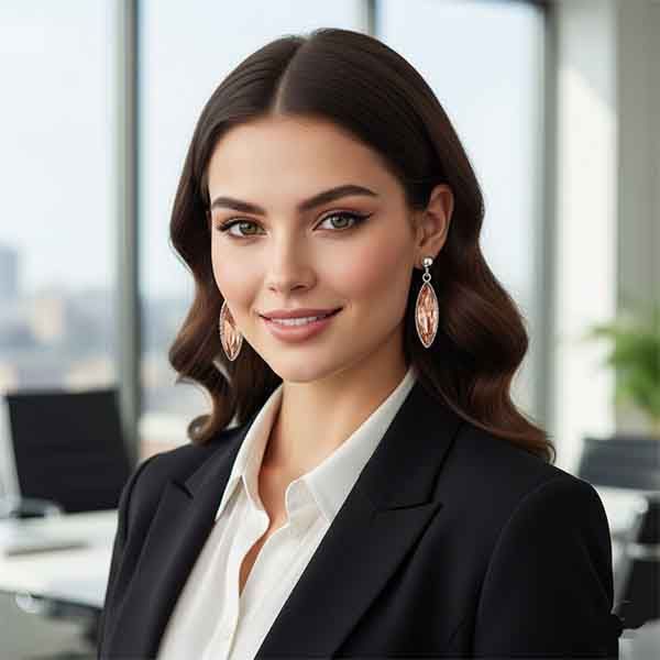 Modelo elegante luciendo pendientes largos Anouk de cristal ovalado ámbar con marco plateado