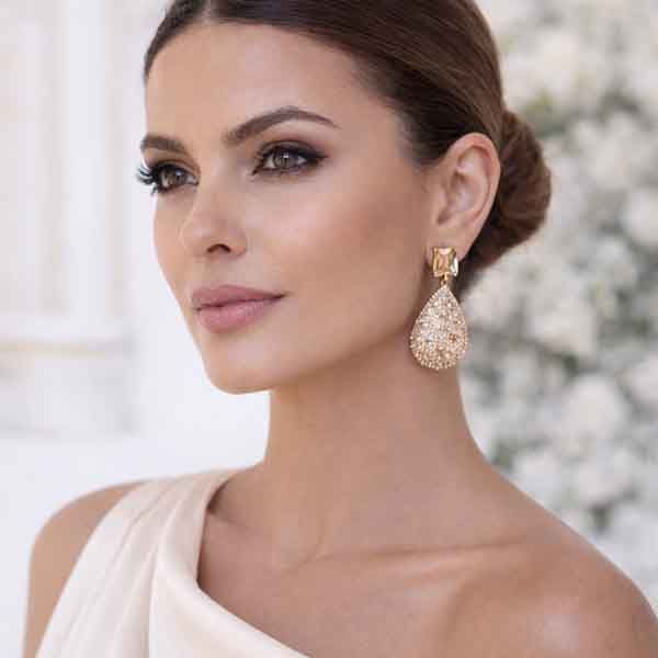 pendientes champán oro rosa Forthlee de Luxenter puestos en modelo invitada de boda