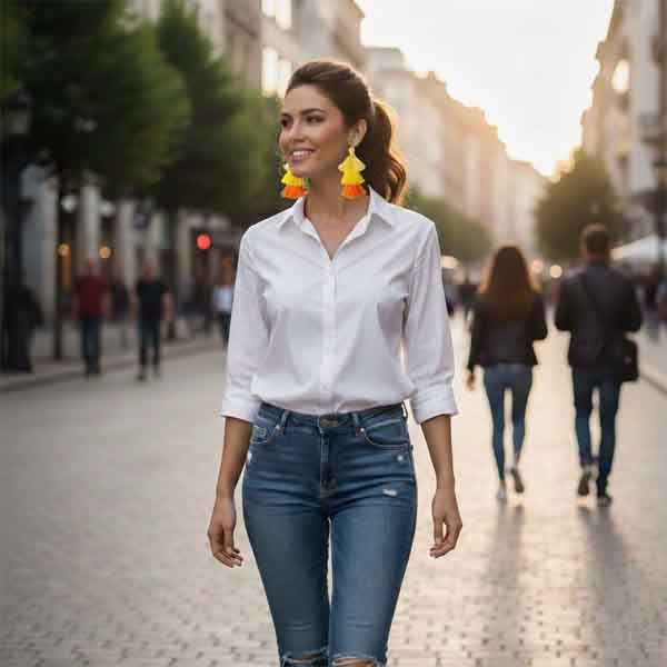 Pendientes Carla artesanales con borlas amarillas y naranjas en modelo con camisa blanca