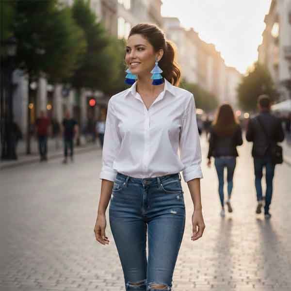 Pendientes Carla artesanales con borlas azules y turquesa llevados por modelo con camisa blanca