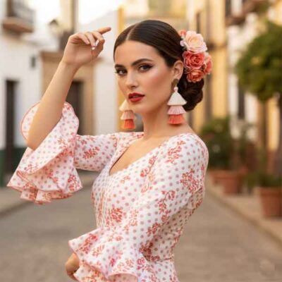 Pendientes artesanales de borlas beige, rosa y coral en look ilustrado