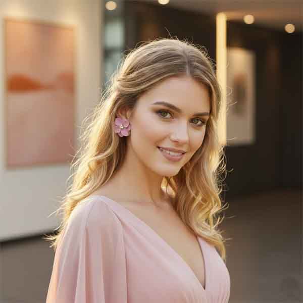 Pendientes Teide rosa en forma de flor con perlitas en look elegante de invitada