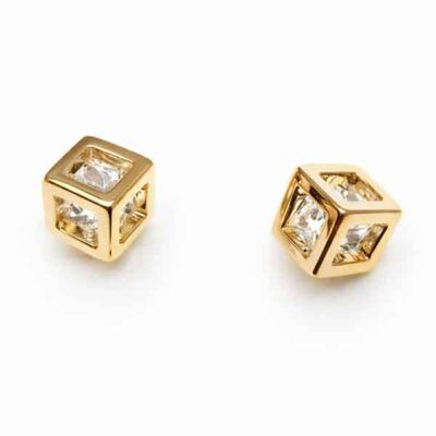 Pendientes cubo chapados en oro con circonita interior