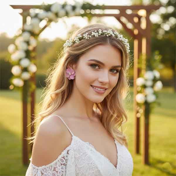 Pendientes Teide rosa en forma de flor con perlitas llevados por modelo en look de boda