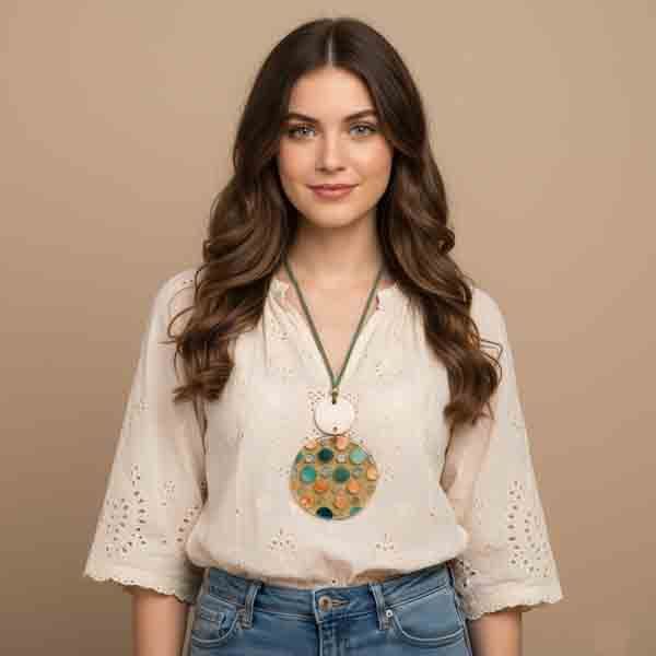Mujer con el Collar Piruleta de resina con cordón verde y medallón en tonos turquesa, dorado y beige, combinando con blusa de encaje clara.