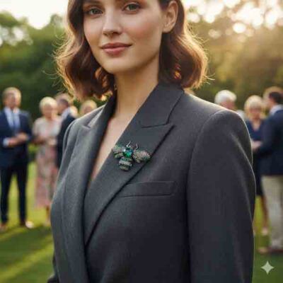 Mujer con chaqueta gris luciendo el Broche Hayar en forma de abeja con cristales verde botella y gris ahumado durante un evento al aire libre.