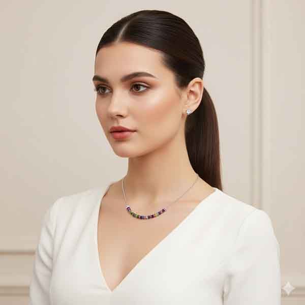 Modelo luciendo el collar Darika de acero inoxidable con piedras facetadas multicolor.
