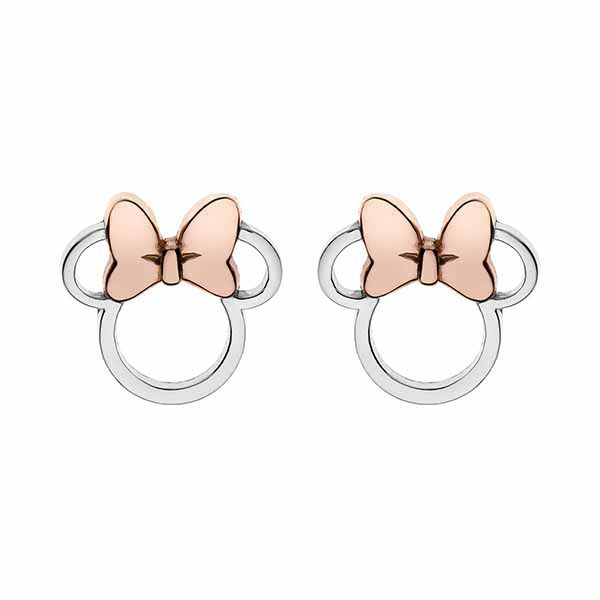 endientes Disney Minnie en plata de ley con lazo rosa sobre fondo blanco