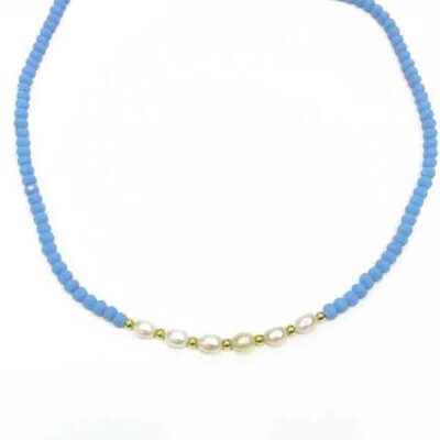 Collar Artha de cristal azul y perlas doradas