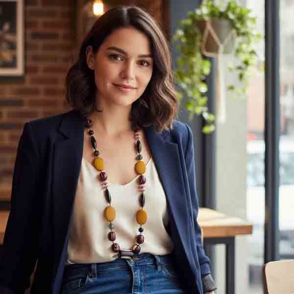 Modelo con americana azul y blusa blanca luciendo el collar Eire, un collar largo de madera y asta en tonos marrones y mostaza con detalles verdes y rosas.