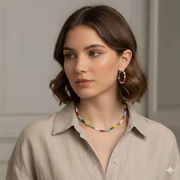 Collar Edelia de bolas facetadas multicolor con pendientes a juego lucidos en modelo
