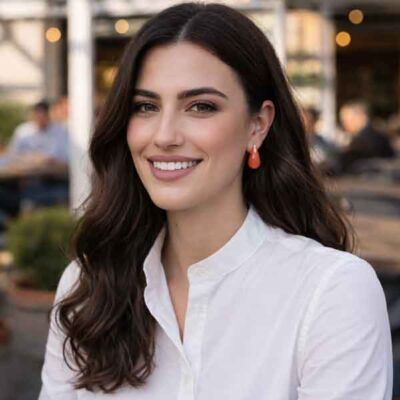 Pendientes Goittia esmaltados puestos en modelo con camisa blanca