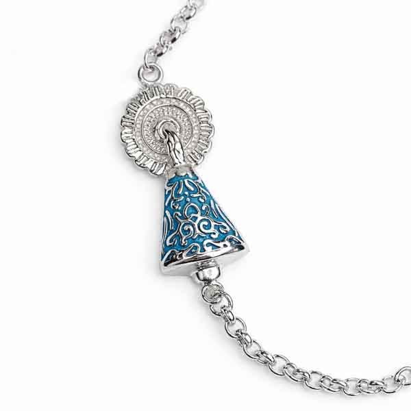 Pulsera Virgen del Pilar plata en plata de ley 925 con manto esmaltado azul – detalle