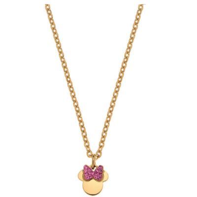 Collar Minnie Mouse de acero inoxidable dorado con lazo rosa de la colección Disney
