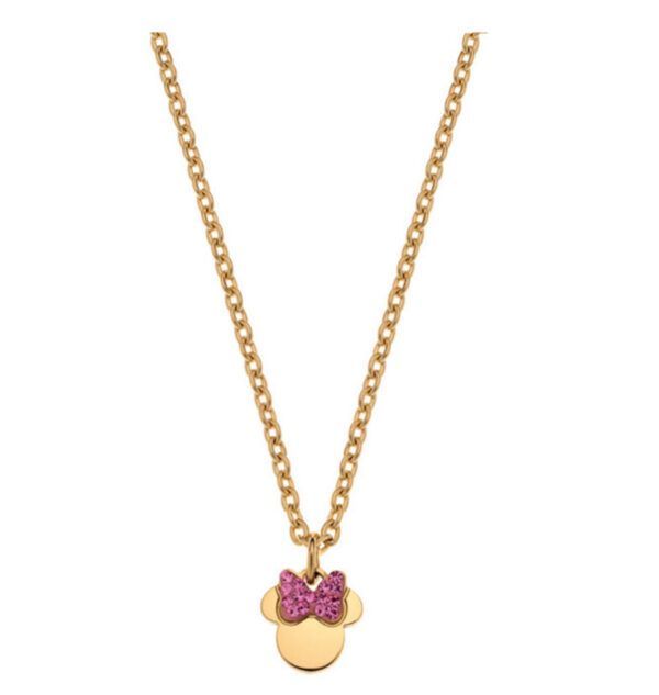 Collar Minnie Mouse de acero inoxidable dorado con lazo rosa Collar Minnie Mouse de acero inoxidable dorado con lazo rosa de la colección Disney