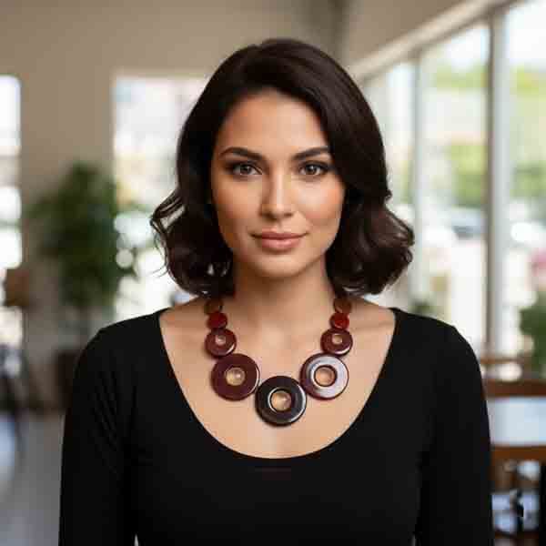 modelo con vestido negro luciendo el collar Ahmose burdeos con cristales en blanco ópalo