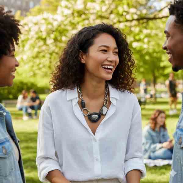 Modelo sonriendo al aire libre con blusa blanca y collar Edelmira, un diseño grande y artesanal con piezas metálicas en tonos plata envejecida.