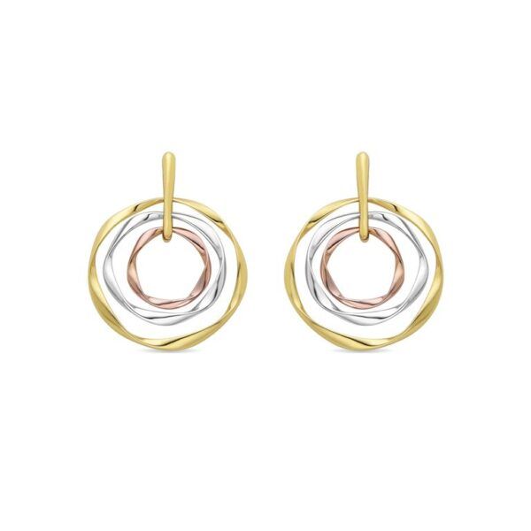 Pendientes Ushdao tricolor oro 18K colección África Pendientes Ushdao tricolor oro 18K con aros entrelazados y largo de 35 mm