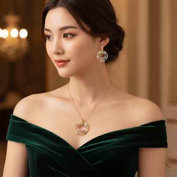 Pendientes Ushdao tricolor oro 18K y collar a juego de la colección África puestos en modelo