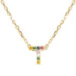 Collar letra T con zirconitas de colores en plata bañada en oro de 18 kt