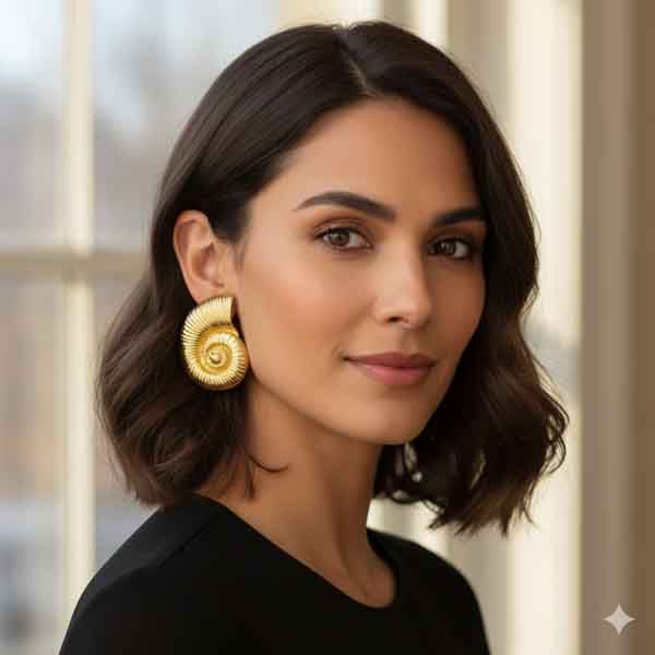 Modelo luciendo pendientes dorados con forma de caracola, diseño elegante y acabado brillante.