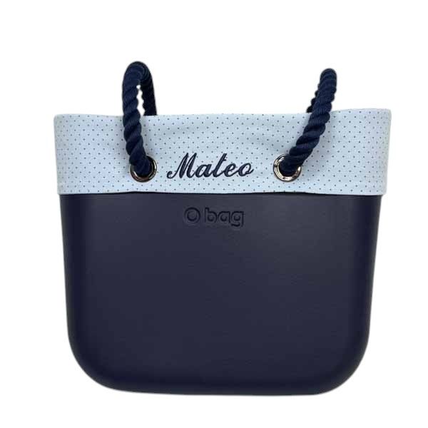 borde O bag personalizado azul con topos y nombre Mateo