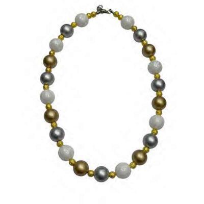 Collar Isis, bolas plateadas, doradas y blancas