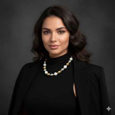 Modelo elegante luciendo el collar Isis, un diseño de perlas combinadas en tonos dorado, blanco y gris.