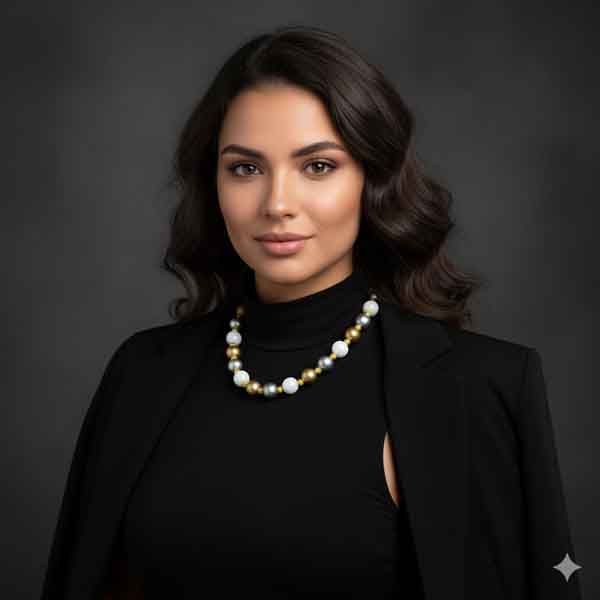 Modelo elegante luciendo el collar Isis, un diseño de perlas combinadas en tonos dorado, blanco y gris.