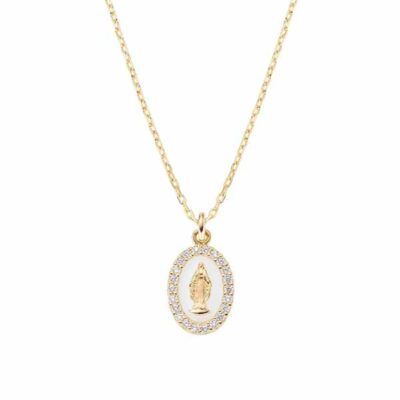 Collar Milagrosa esmaltado blanco en oro con circonitas