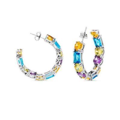 Pendientes Aurora Plata de Ley 925 con circonitas multicolor en tonos azul, amarillo, violeta y verde, diseño de aro de 35 mm.