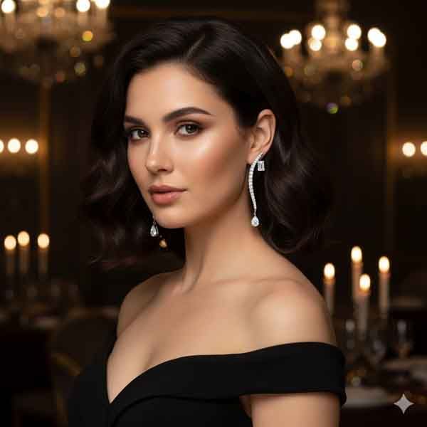 Modelo elegante luciendo los pendientes Binlah de Luxenter, elaborados en plata de ley con circonitas brillantes, ideales para eventos y ocasiones especiales.