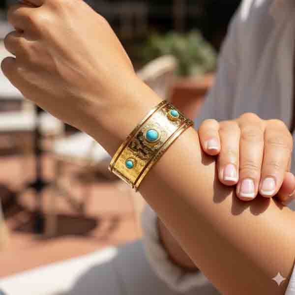 modelo con brazalete boho de Luxenter con turquesa y acabado en oro amarillo de 18k – modelo Athdu