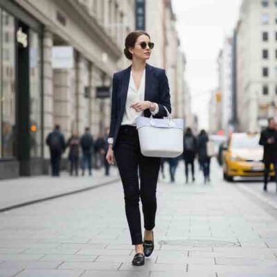Mujer con bolso O bag Mini blanco con borde vichy azul Turquesa y Más caminando por la ciudad