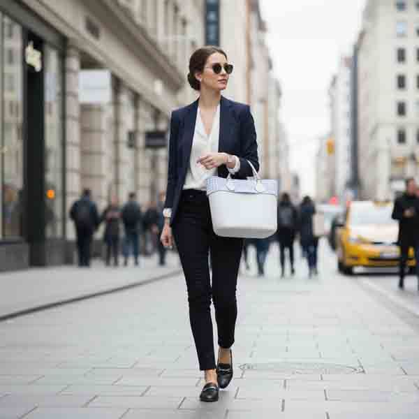 Mujer con bolso O bag Mini blanco con borde vichy azul Turquesa y Más caminando por la ciudad