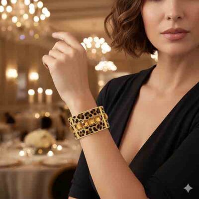 Mujer elegante con vestido negro luciendo el Brazalete Savannah con estampado animal print y piedras doradas en un ambiente de gala iluminado.