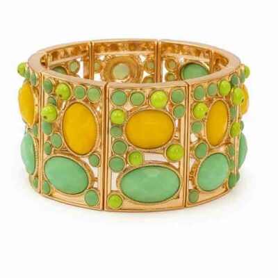 Brazalete Serenidad con piezas en tonos verde jade y amarillo miel sobre base dorada, fotografía con fondo blanco profesional.