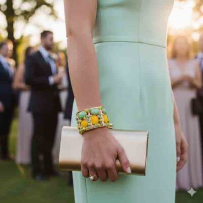 Mujer con vestido verde menta y clutch dorado luciendo el Brazalete Serenidad con piezas en tonos verde jade y amarillo miel durante una celebración al aire libre.