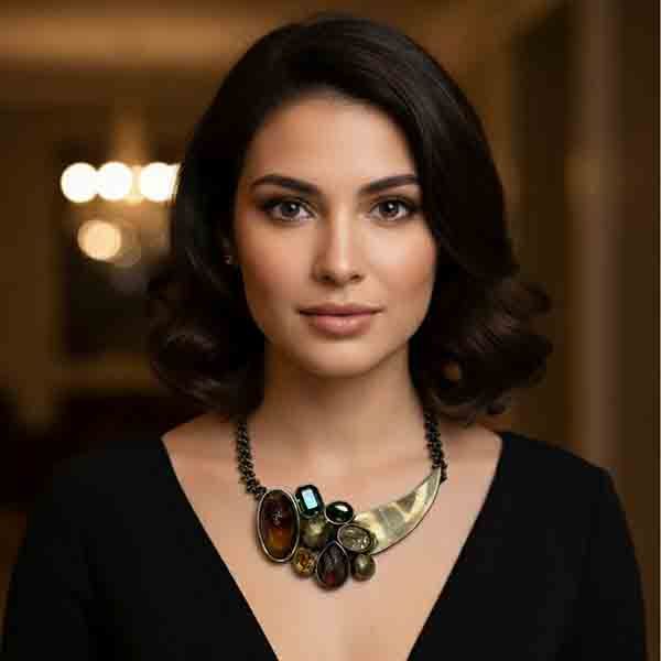 Modelo con el collar Atenea de piedras de colores, joya dorada con gemas en tonos verde esmeralda, ámbar y dorado.