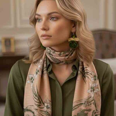 Modelo luciendo el Foulard Amazonas con estampado tropical en tonos terracota y oliva