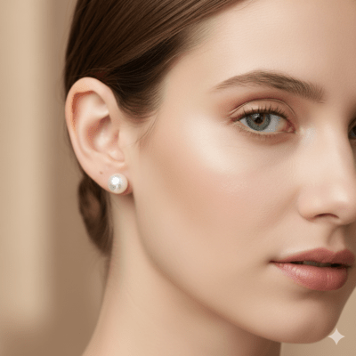 Pendientes Gaia de perla natural chafada en plata de ley, lucidos por modelo con estilo elegante y maquillaje natural.