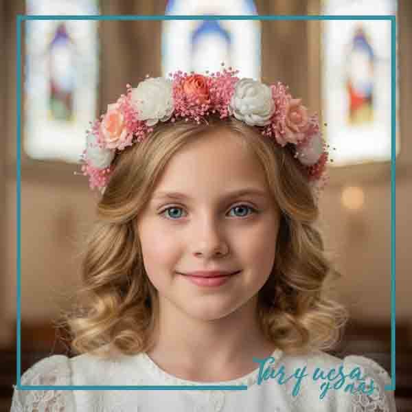 Corona de flores tintadas a mano | Comunión – Turquesa y Más Niña de comunión con corona de flores tintadas a mano en tonos coral y blanco, diseño artesanal de Turquesa y Más