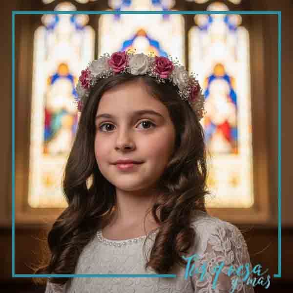Corona de flores tintadas a medida – Turquesa y Más Niña de comunión con corona de flores realizada a mano, flores tintadas al tono solicitado por la clienta, diseño artesanal de Turquesa y Más.